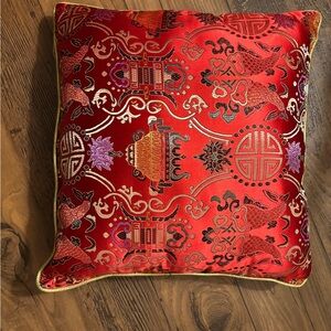 Red Chinese Brocade Pillow & Matching Pillowcase Set 15.5” x 14” Gold Trim